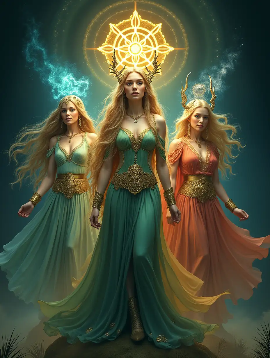 Create a stunning visual of the Tuatha Dé Danann, the mystical tribe of divine beings from Irish mythology, embodying beauty, wisdom, and supernatural power. They are an ethereal race of ancient Celtic gods and goddesses, descending from the Goddess Danu, and are depicted with radiant auras and regal, otherworldly appearances. Each figure exudes grace, wisdom, and strength, dressed in flowing robes adorned with Celtic knotwork, sacred symbols, and shimmering fabrics that reflect the elements they govern.