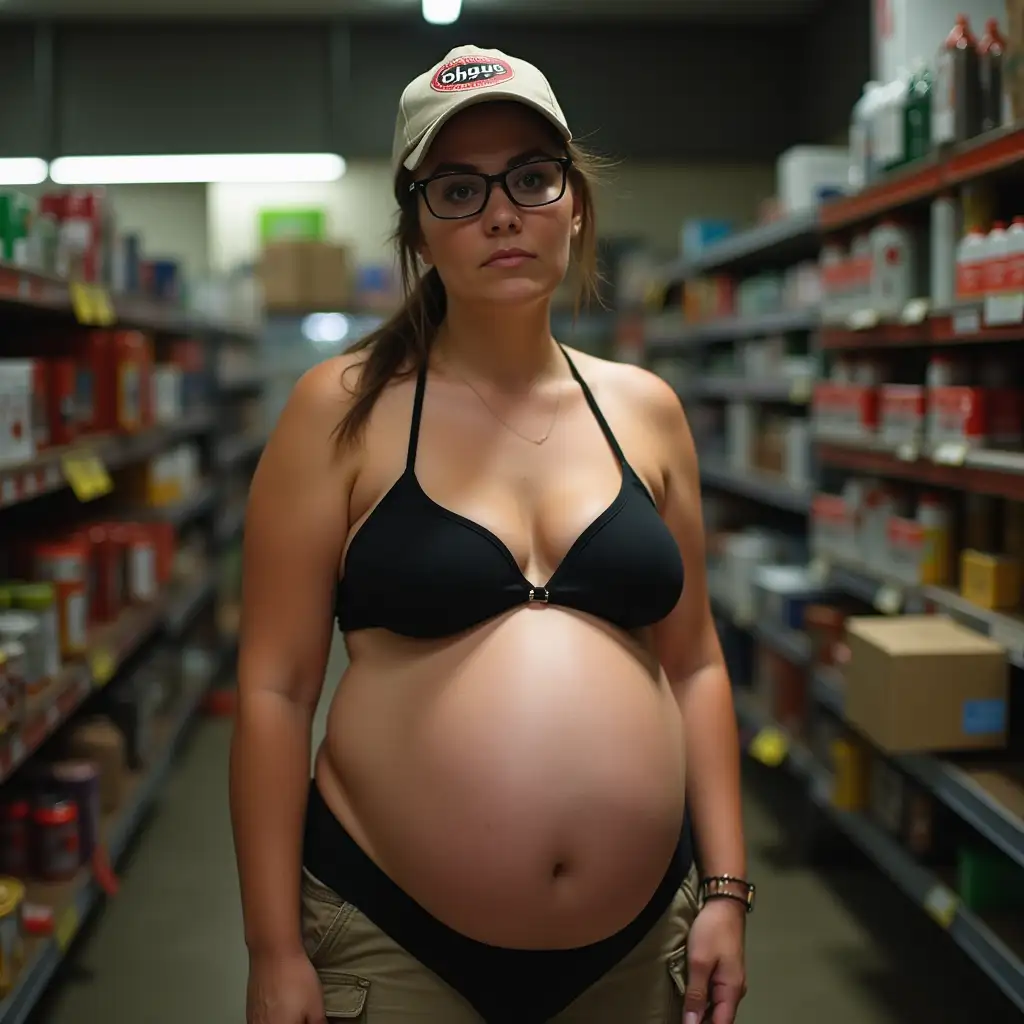 Pregnant-Brunette-Woman-in-Khaki-Shorts-at-Aussie-Hardware-Store