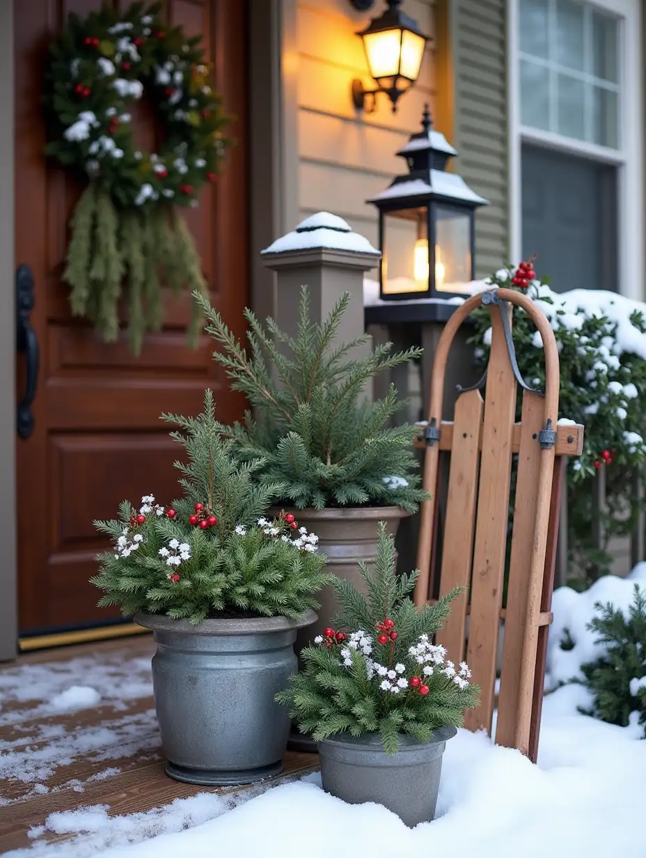 an aesthetic winter porch pot display with an assortment of potted plants, including holly and winter blooms. Accentuate the scene with a charming lantern casting a warm glow, surrounded by soft, fluffy snow, and a vintage sled leaning against the porch railing for a touch of nostalgia