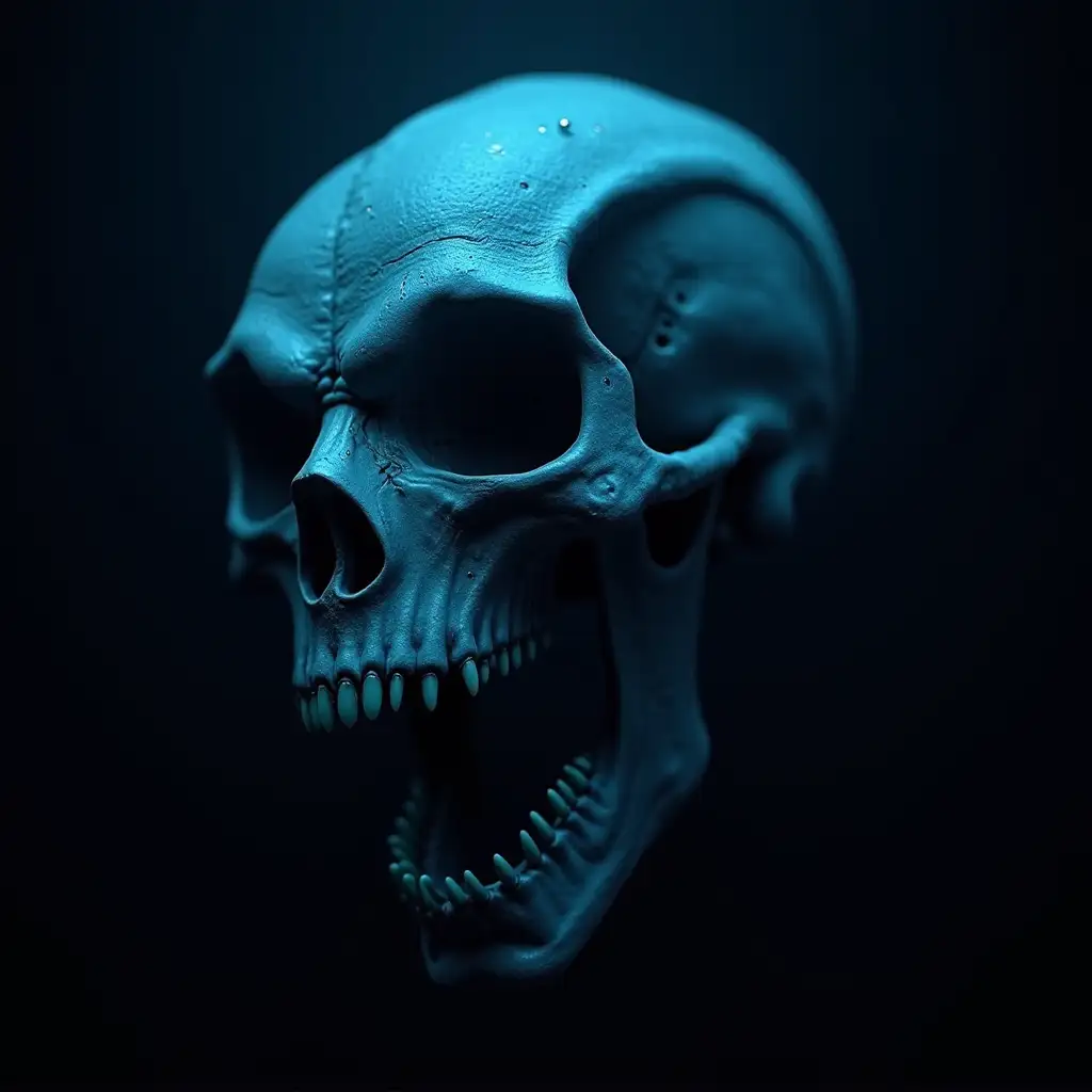 dark underwater creature, alien-like skull, bioluminescent, deep sea horror, intricate details, eerie eye socket, otherworldly texture, aquatic monster, cosmic horror, glowing blue, pitch black background, hyper-realistic, cinematic lighting, 8K resolution, octane render, lovecraftian aesthetic