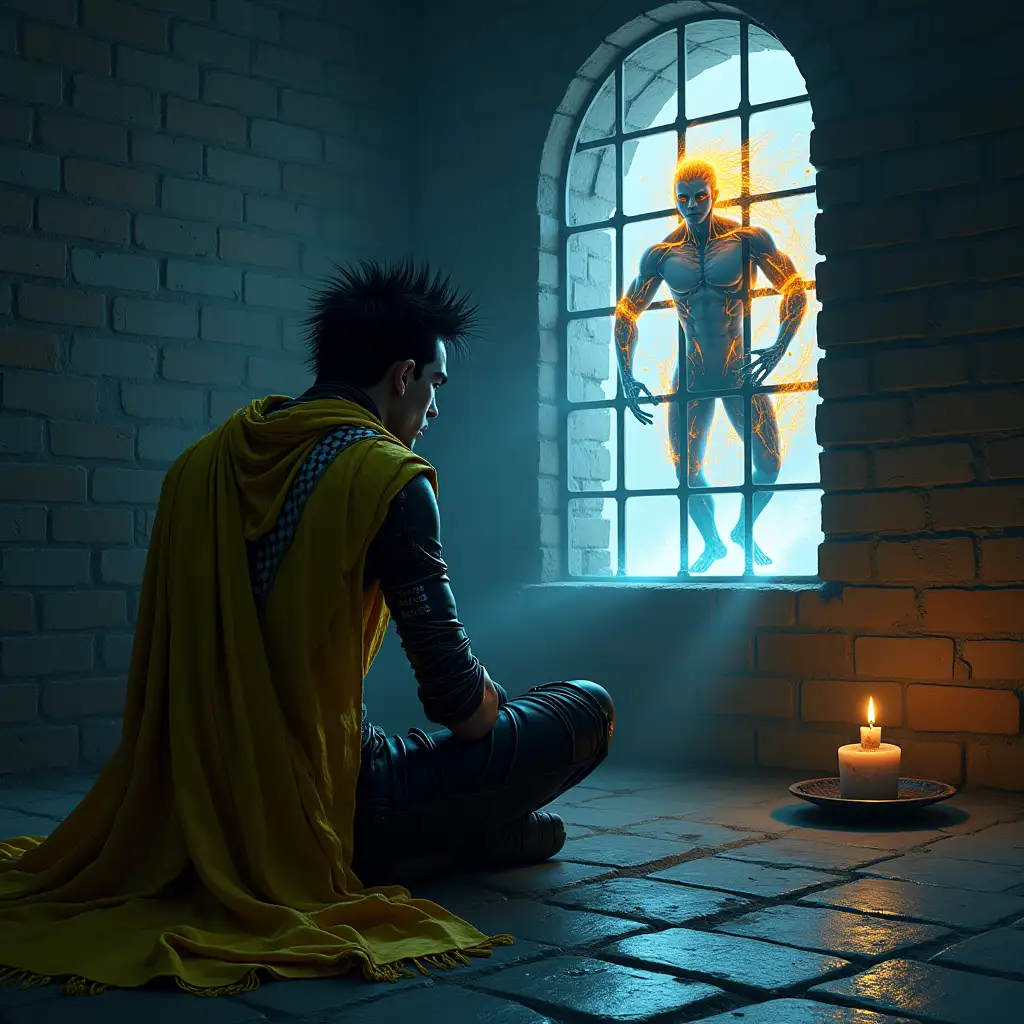 A solitary figure, a handsome male cyborg with spiked hair, a checkerboard neck barcode, and a flowing, tattered yellow brocade scarf, sits hunched on the cold, damp floor of a brick cell. His piercing gaze is fixed on the small, barred window, where a vibrant, otherworldly scene unfolds. A powerful, shirtless cyborg warrior, their bodies glistening with bioluminescent energy, engage in a joyous, glowing light. A tea candle sits on the window ledge.