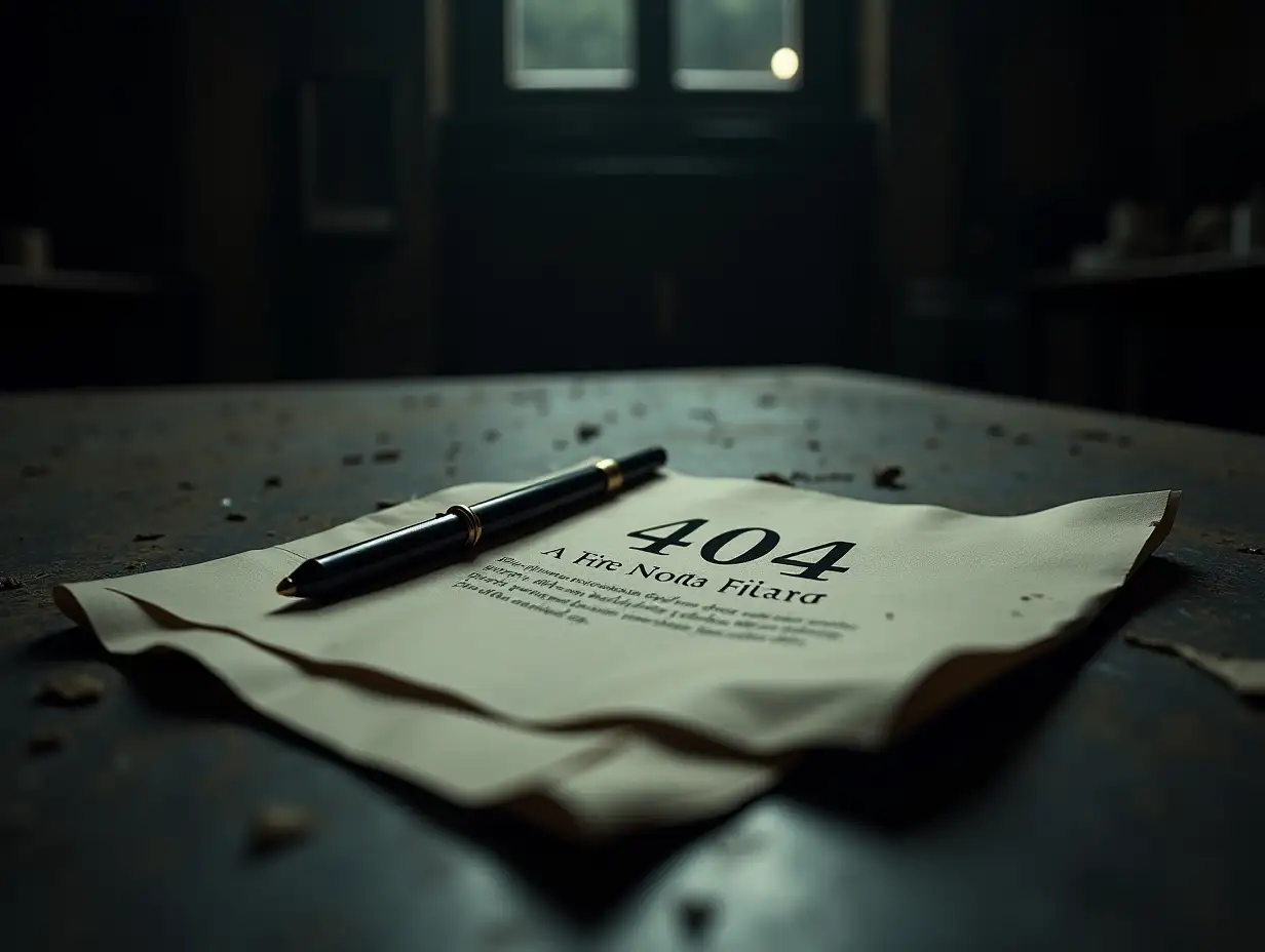 A dramatic close-up photograph of a crumpled legal document lying abandoned in a dusty, dimly lit courtroom. The words '404 - File Not Found' are subtly superimposed on the document. The scene should evoke a sense of mystery and legal intrigue, with a focus on texture and shadow. Style: Film noir.