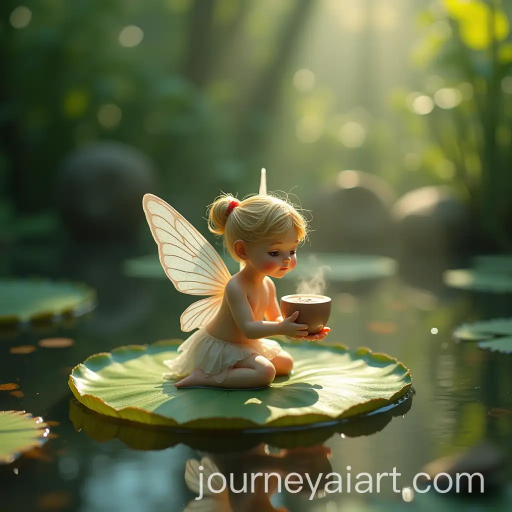 Thumbelina-Fairy-on-aAI-Image-Prompt-Expansion-Water-Lily-with-Hot-Chocolate-in-Enchanted-Pond