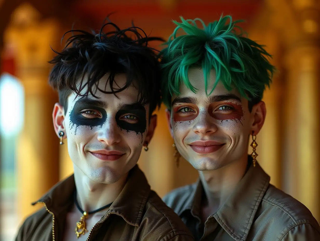 Two young men with black and white patterned faces, alien face, green hair, a slight smile on their faces, accentuating their smiles, modern retro jewelry, in a temple with much gold in various shades 4k