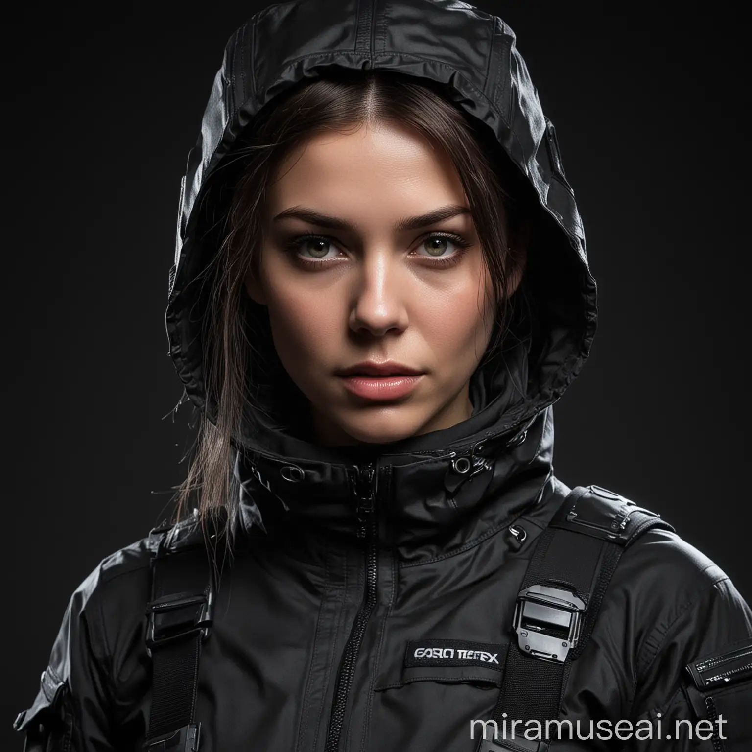 Futuristic SciFi Woman in Techwear with Black Background