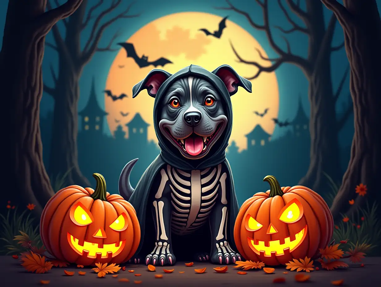 A playful Pit Bull puppy dressed in a detailed skeleton costume, standing proudly between two intricately carved pumpkins. The dog has a mischievous grin and bright eyes. The background is a dark, spooky forest with a full moon and bats flying overhead. The overall style is vibrant and whimsical. featuring the word 'Spooky Season' in bold, stylized text.