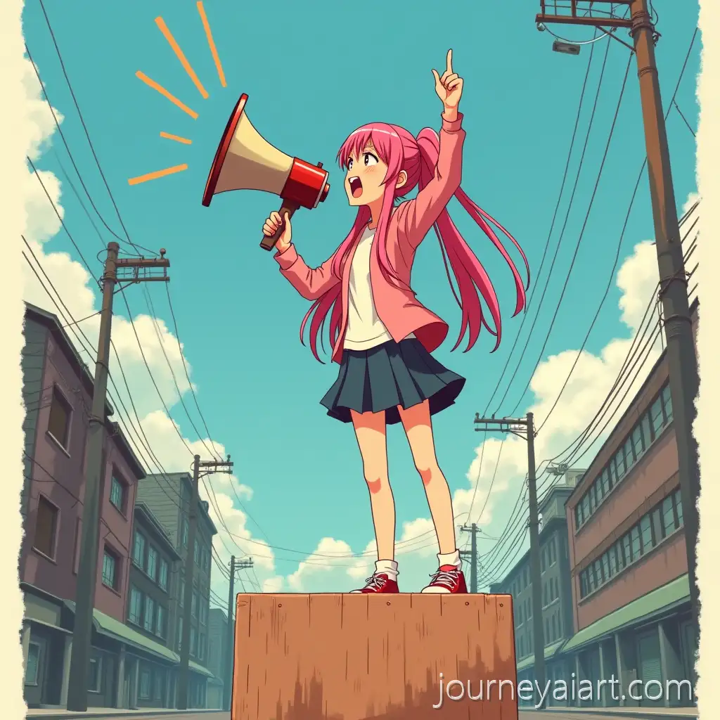 Anime-GirlAnime-girl-Soviet-poster-with-Pink-Twin-Tails-Shouting-into-Vintage-Megaphone-in-Urban-Street