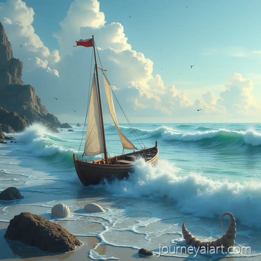 Fantasy-Morning-Sea-with-Boat-Shells-and-Foamy-Waves-Featuring-a-Giant-Pearl
