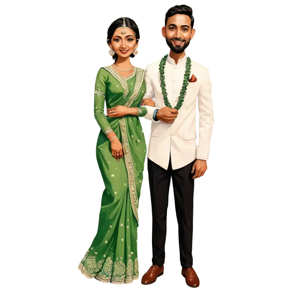 Indian-Wedding-Caricature-Bride-with-Green-Saree-and-Groom-Standing-PNG-Image