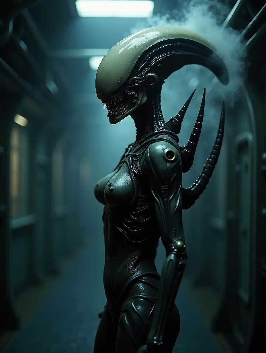 Female Xenomorph from the movie 'Alien', featuring biomechanical design elements inspired by H.R. Giger, elongated head with translucent dome, sleek exoskeleton with intricate details, inner jaw mechanism visible, set in a dark, atmospheric spaceship corridor with steam and dramatic lighting, surreal sci-fi fantasy style, hyperrealistic photography in 4K resolution, anatomically accurate with precise muscle definition, detailed texture of the creature's carapace showing reflective surfaces, perfect composition following rule of thirds, volumetric lighting highlighting key features, cinematic depth of field, shot on Hasselblad H6D-400c
