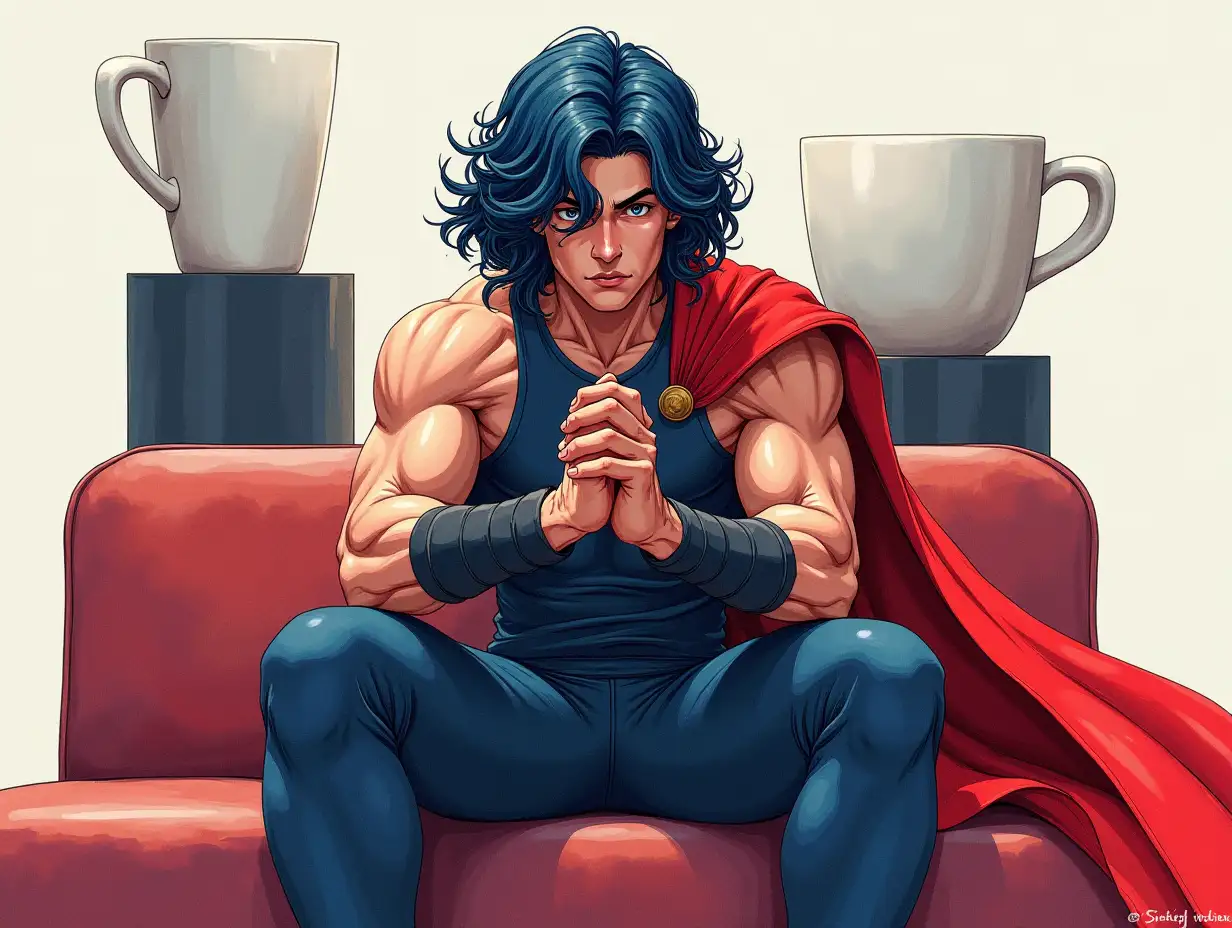 Create a detailed and colorful watercolor illustration in moody Hong Kong comic style with acrylic painting style, very wild and strong brush strokes shown in style. The character is young man with medium curvy dark blue hair which flow in the air, muscular arm revealed as he is wear in sleeveless sleek form fitted outfit, with bracers on both hands, his pose shown in front, is sitting on a soft red leather backless bench, with a serious expression, hands clasped, and feet apart. Behind him, there is a large short white coffee cup sculpture. His cape is flowing in the wind. Ensure the image captures a dramatic and intense atmosphere, with vibrant colors. The vibe is serious, dynamic, energetic. Ensure the big coffee cup behind him is a short one and closed to him, right behind him, ensure the coffee places on a big black cylinder as base.