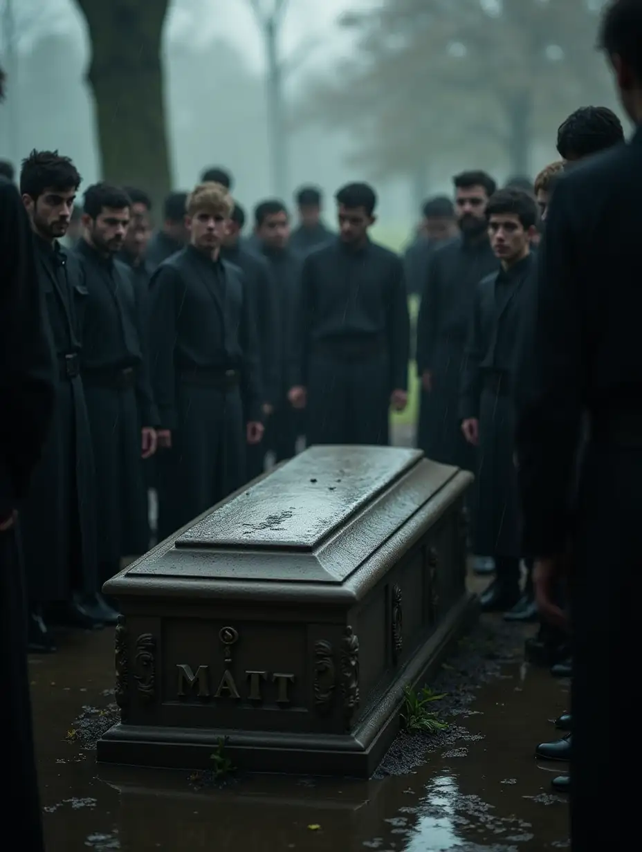 a casket and on the gravestone it says Matt. A lot of people dressed in black, it's raining outside, and everyone is standing around the casket