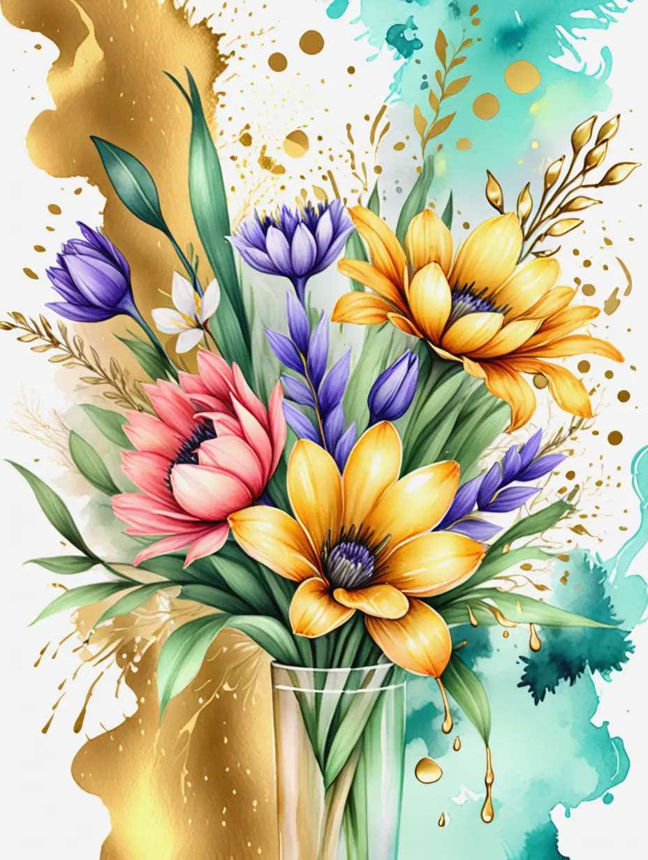 Spring-Bouquets-with-Golden-Splashes-on-Watercolor-Background