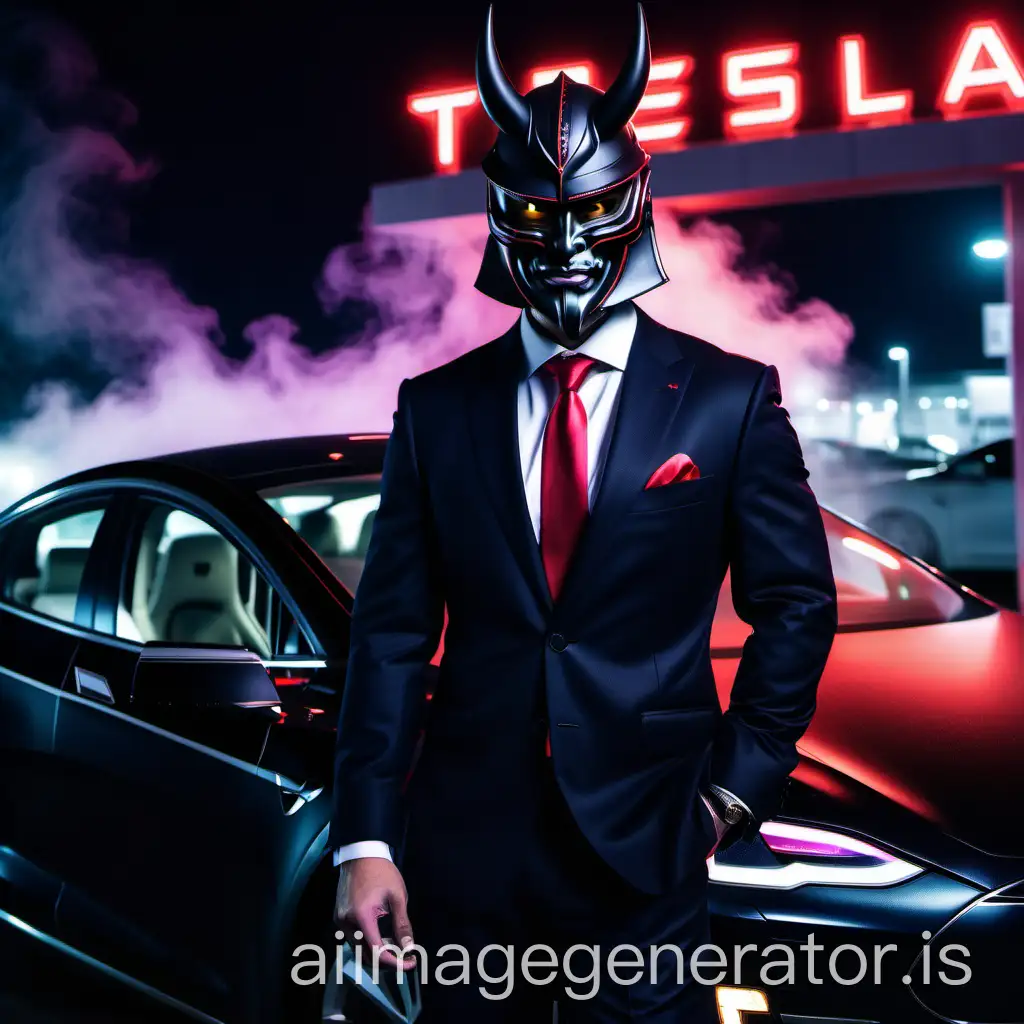 Samurai-in-Chic-Suit-Poses-with-Tesla-at-Foggy-Port-with-Neon-Lights