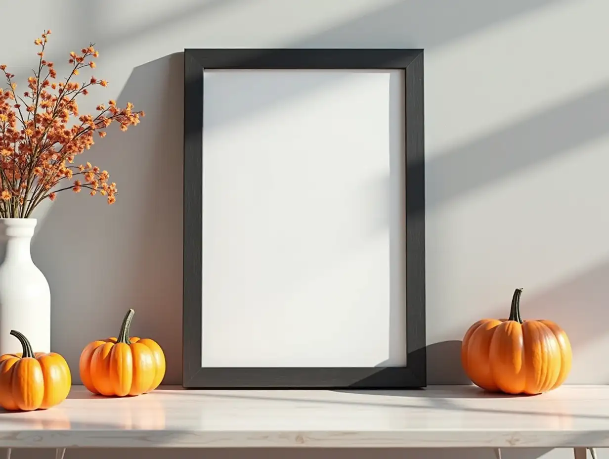 Black picture frame mockup with pumpkins, Halloween home decor, vase of flowers on table in scandinavian kitchen interior. Happy Halloween poster design.