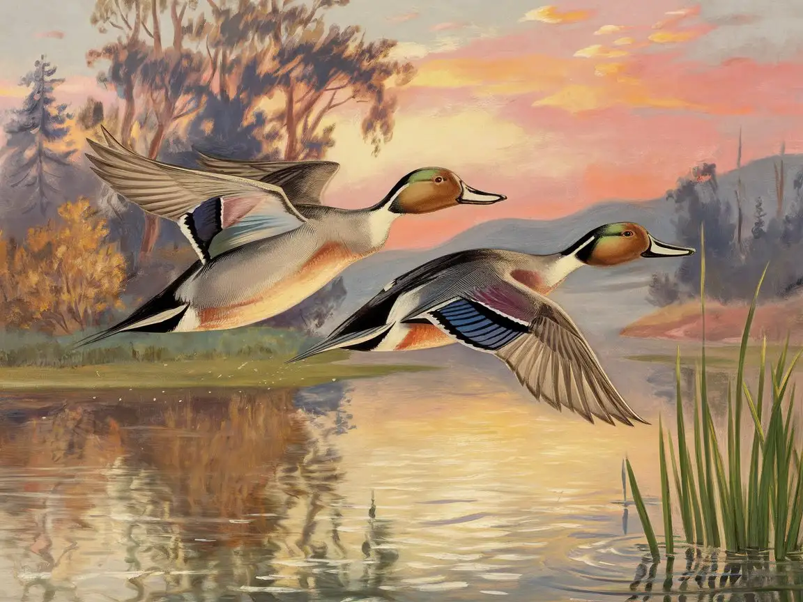 Vintage Painting of Pintail Ducks Flying Over Farmers Pond at Sunrise