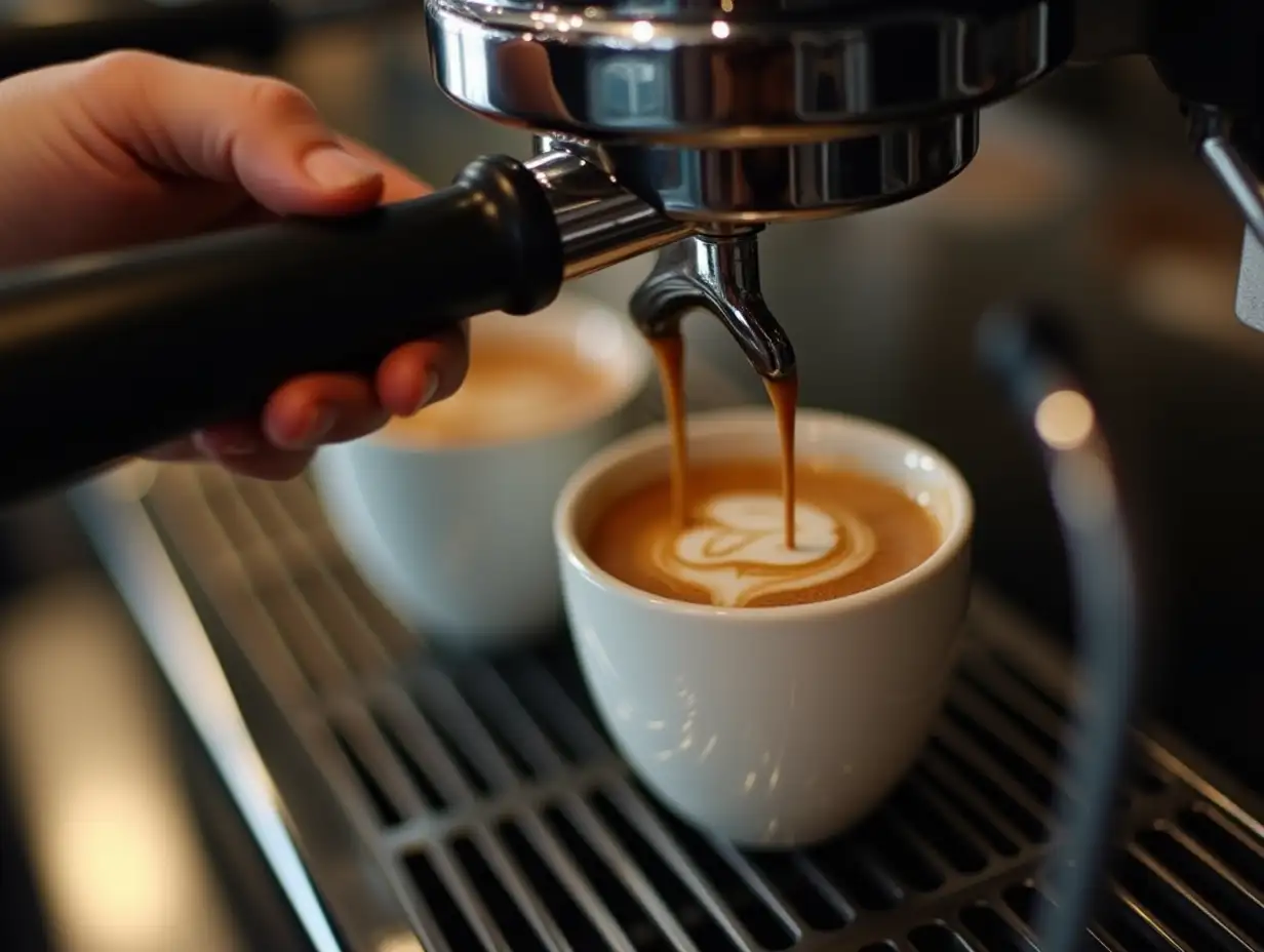 Espresso poruing from coffee machine at cafe