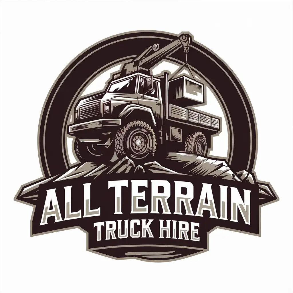 LOGO Design for All Terrain Truck Hire Tray Truck with Crane and Rocks on Clear Background