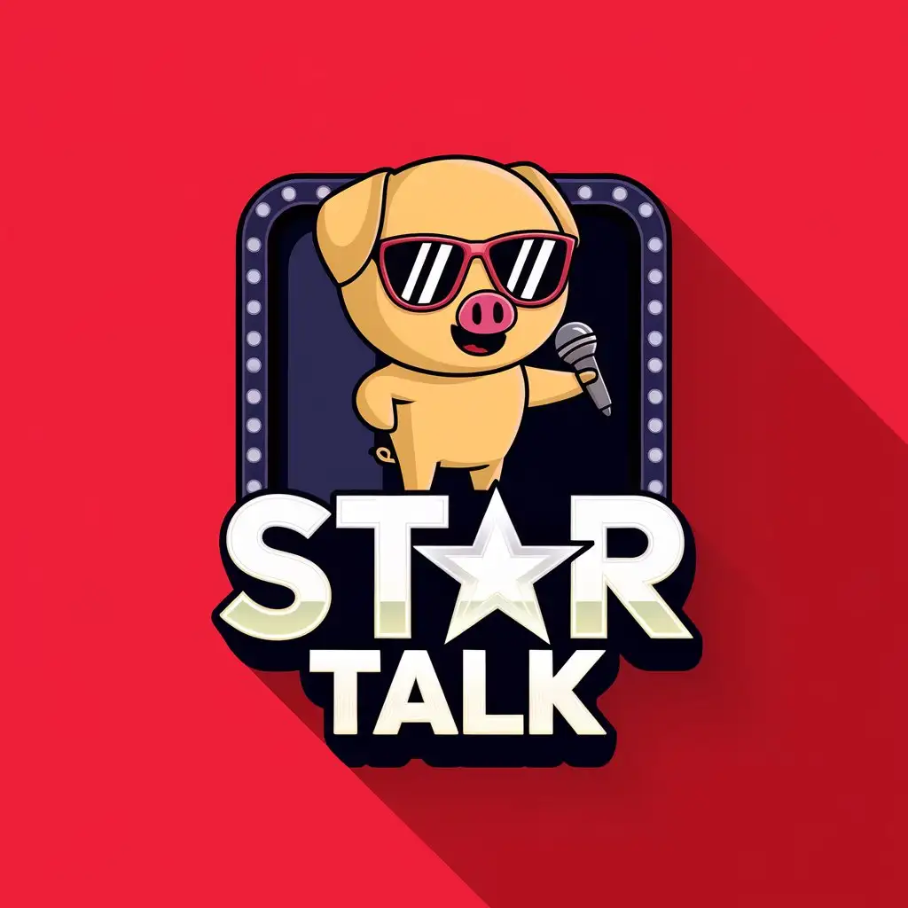 LOGO-Design-for-STAR-TALK-Cute-Yellow-Pig-with-Sunglasses-and-Microphone-on-Red-Background