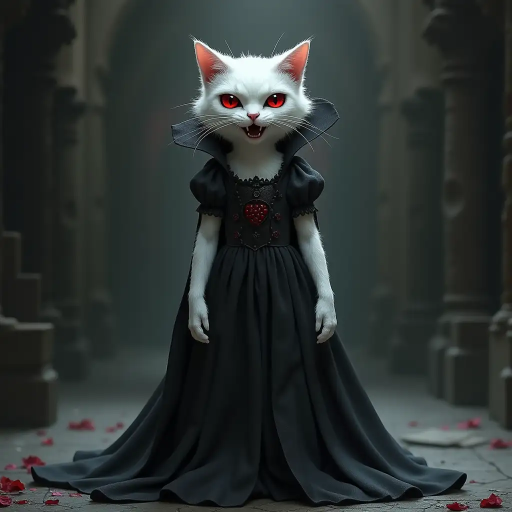 a white-haired vampire cat Dracula with fangs and red eyes with black circles under the eyes in a medieval female Dracula dress stands tall on the floor