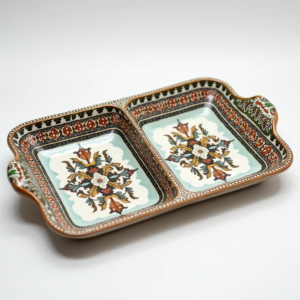 Two divided rectangle ceramic tray plate with embossed beautiful ceramic handle, Underglaze painting on white body, Fine art, Hyper detailed, Antique and old, Qajar art, Iranian Tabriz carpet design