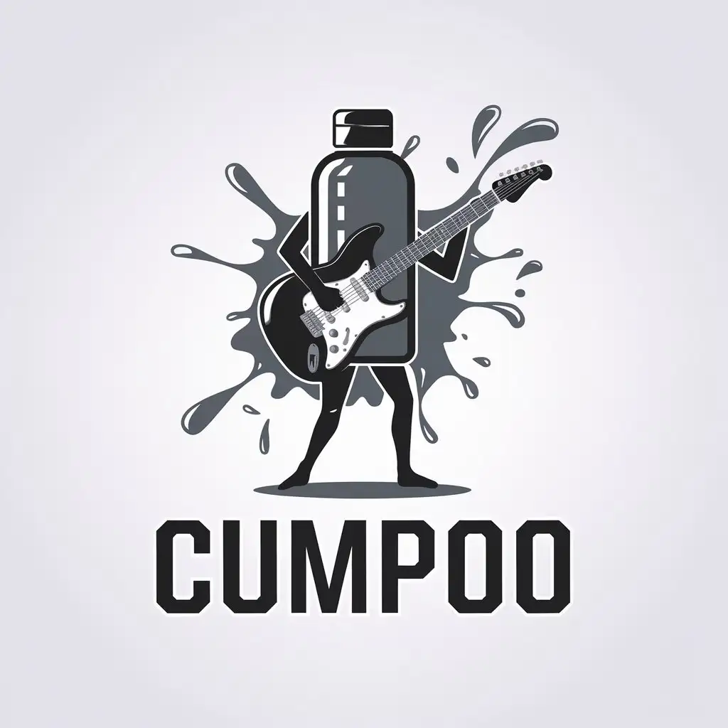 LOGO Design for Cumpoo Shampoo Bottle in Tights Holding Electric Guitar with White Splashes