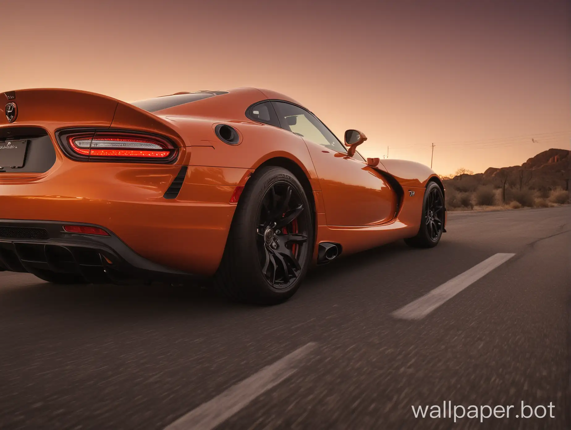 2014 srt dodge viper orange cinematic wallpaper for posternshot of exhaust and taillight ndarker shot with sunset