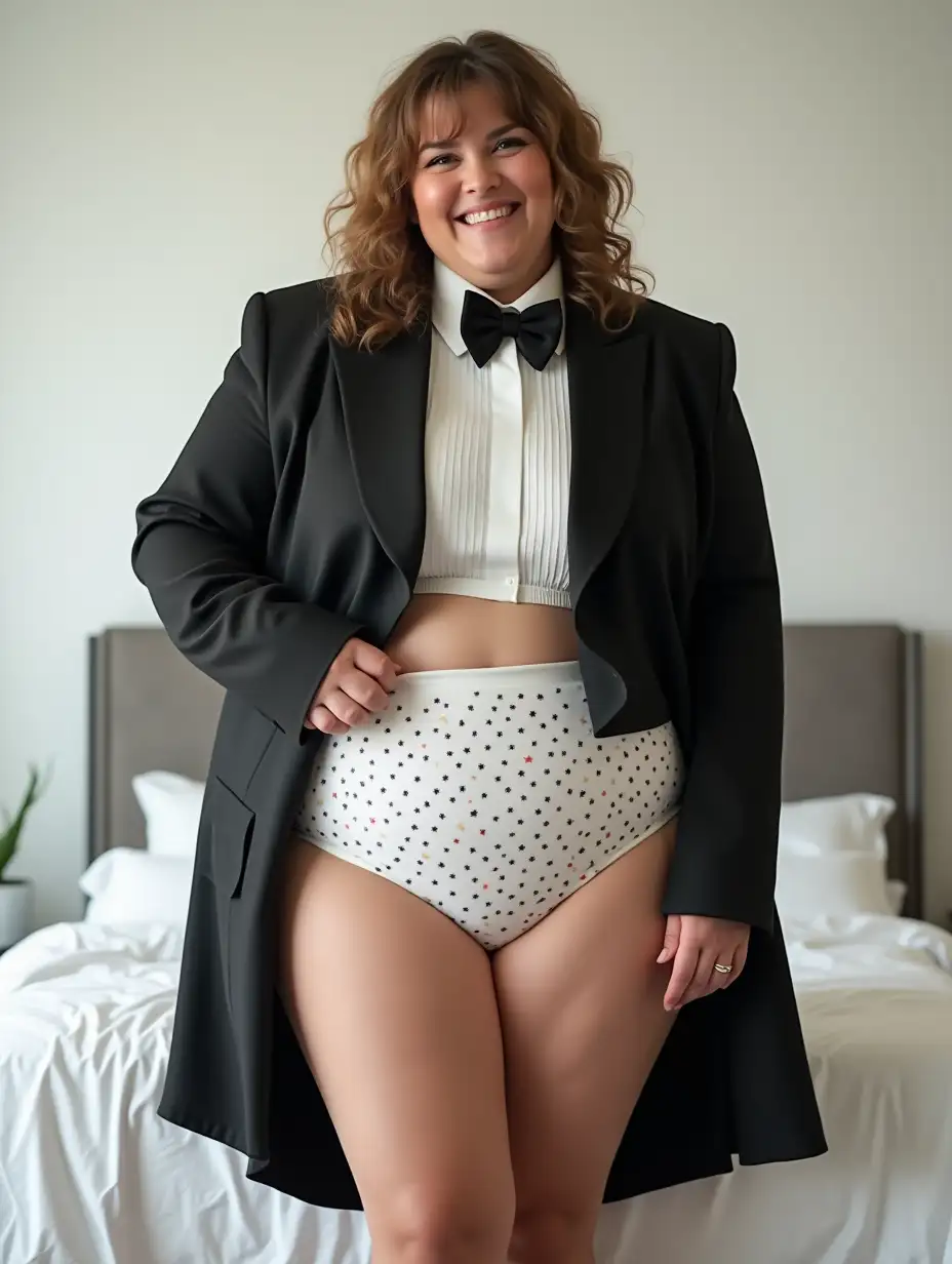 Plump-Caucasian-Woman-in-Formal-Orchestra-Tuxedo-in-White-Bedroom