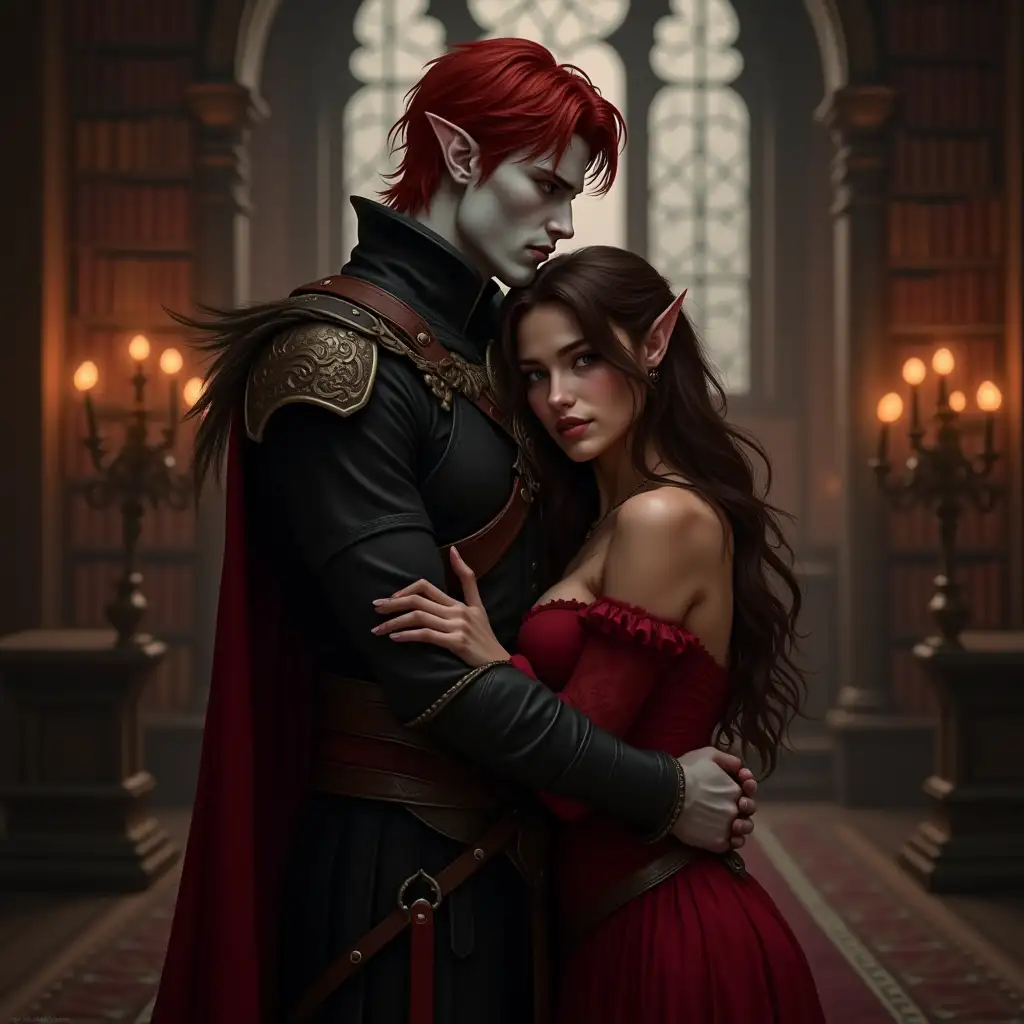 Handsome Blood Elf Warrior Embracing His Lover in a Gothic Library