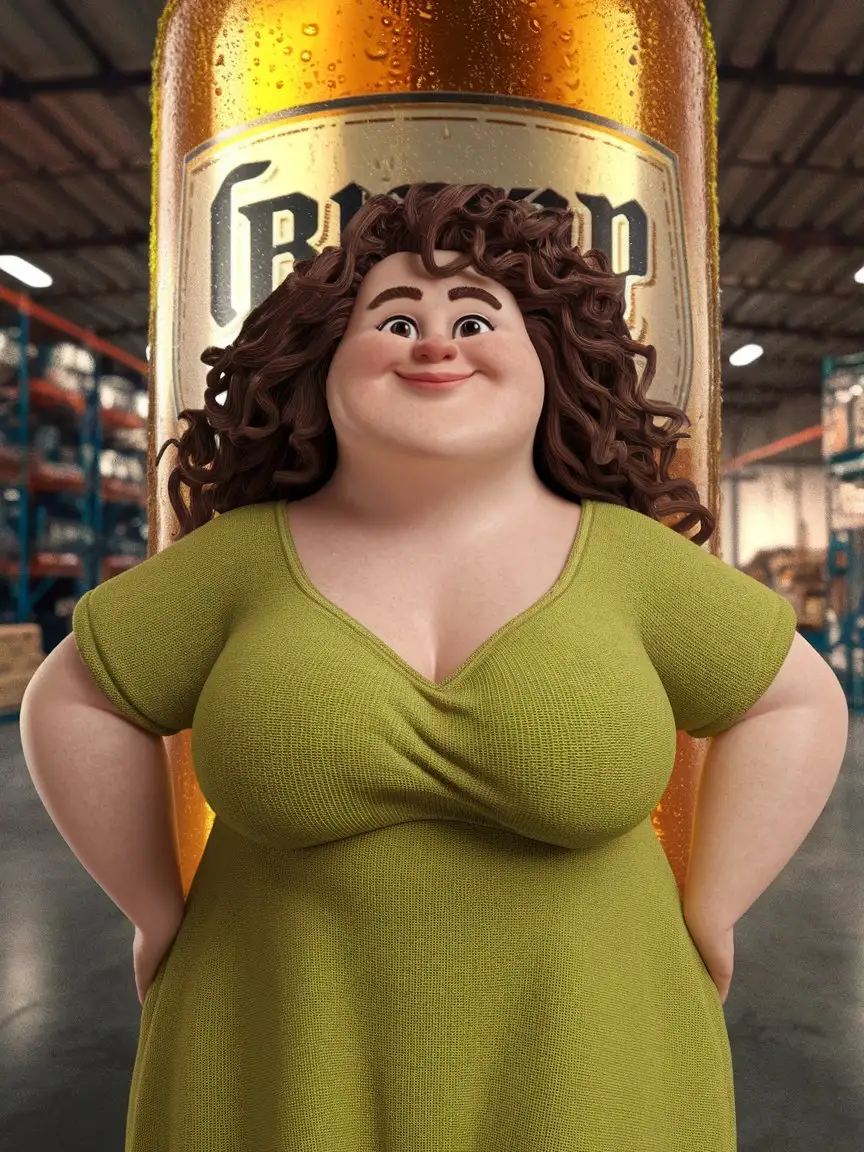 Happy-Chubby-Woman-with-Curly-Hair-Enjoying-Beer-in-a-3D-Warehouse-Setting