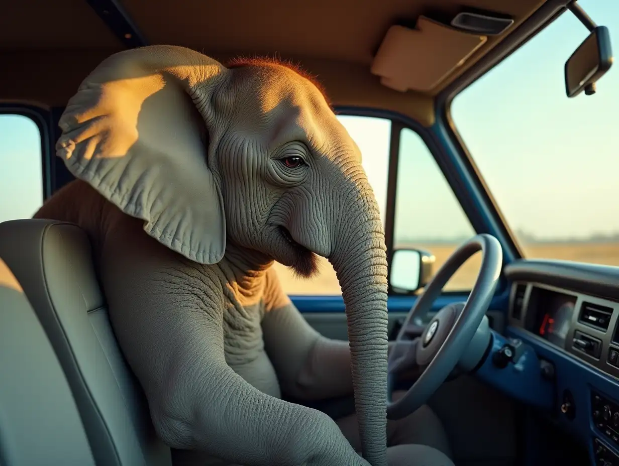 An elephant sits in a VW buyer and drives