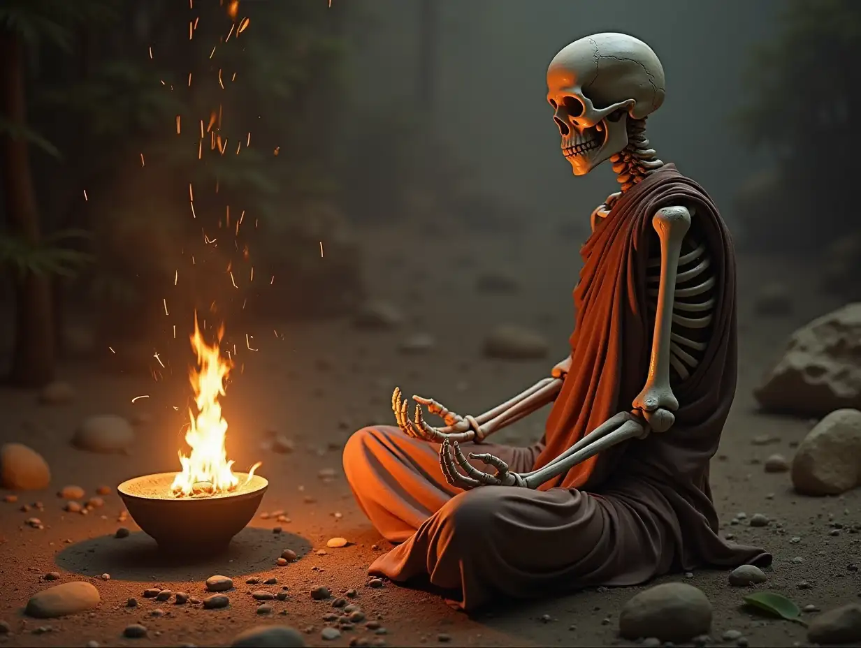 A monk in Human skeleton in lotus sitting position before a Shivlingam