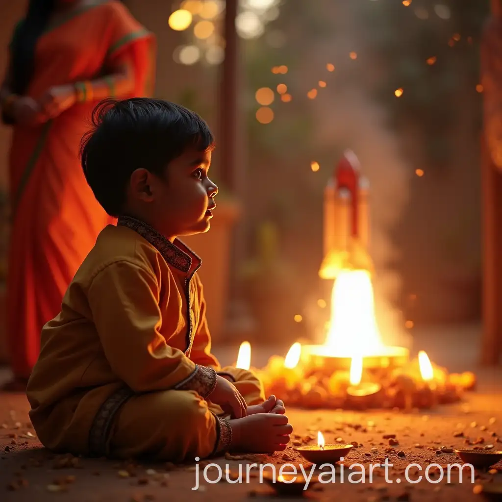 Cautious-Indian-Boy-Igniting-Space-Shuttle-Rocket-During-Diwali-Festival