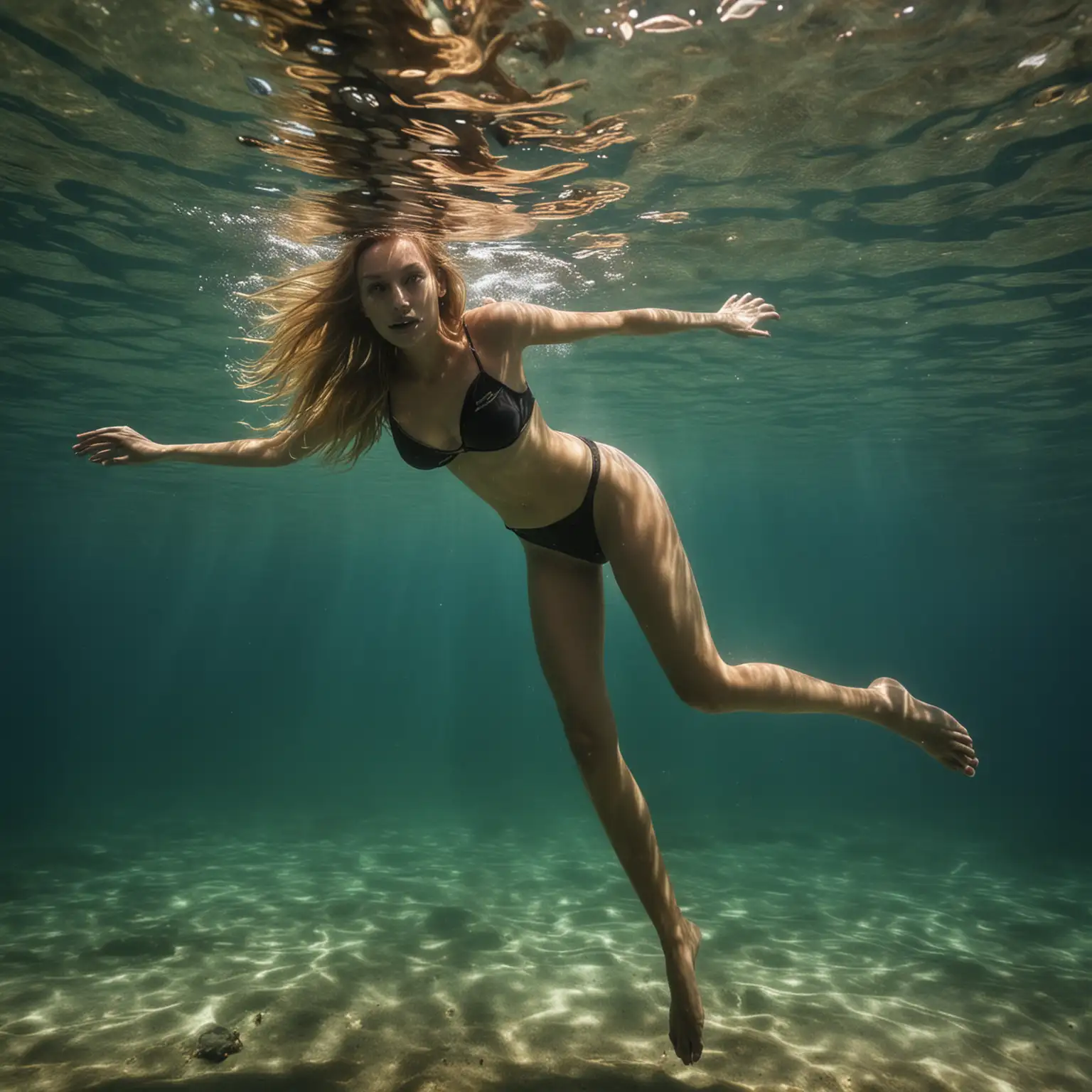 Young-Woman-Diving-Underwater-Exploration-in-Dark-Waters