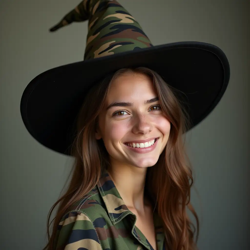Smiling-Young-Woman-in-Camo-Witch-Hat-and-Shirt