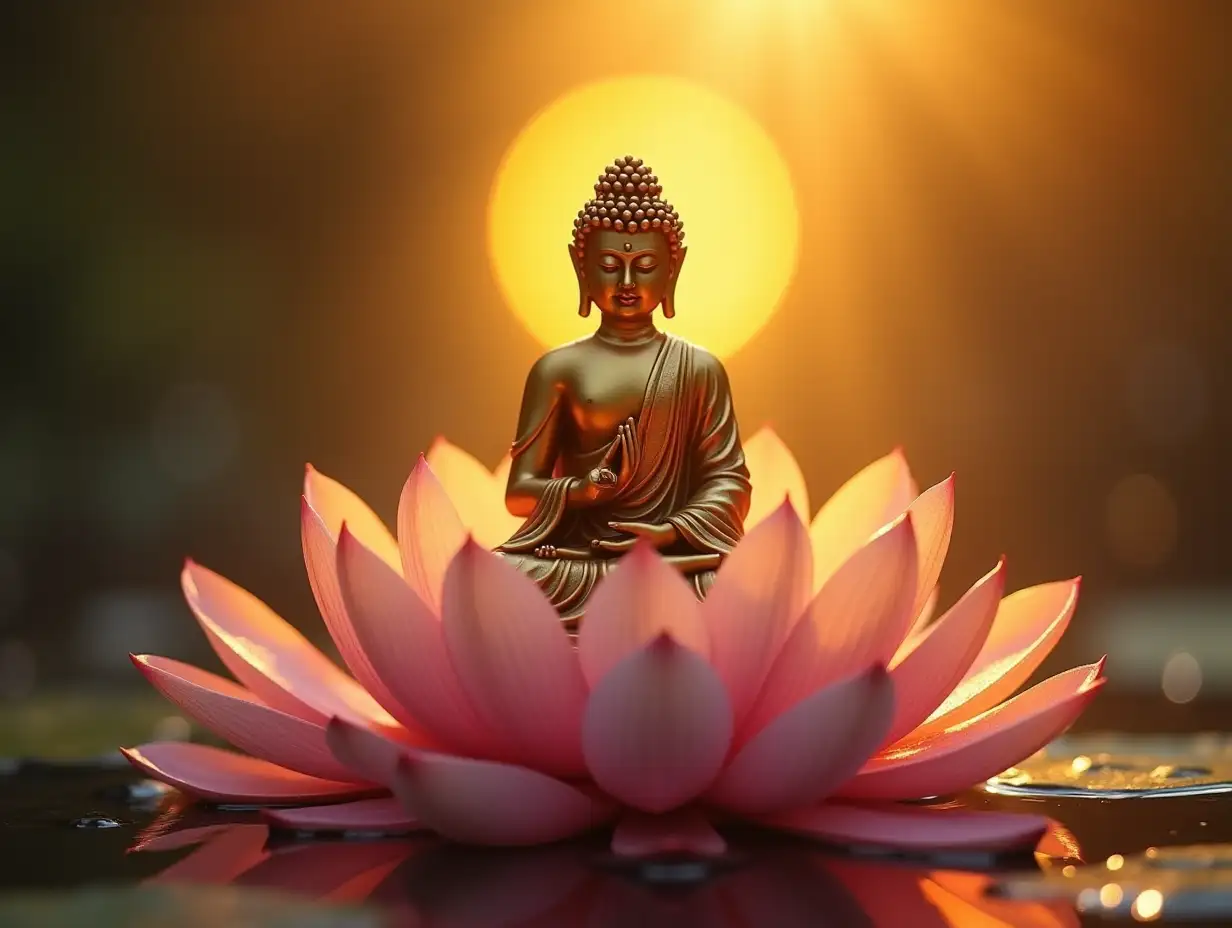 lotus flower on which a Buddha statue with hands joined sits, with golden light coming from its back, Hotei Buddha