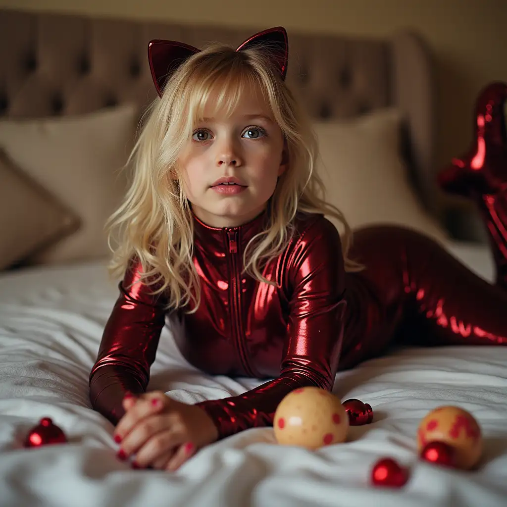 Young-Blonde-Girl-in-Metallic-Maroon-Catsuit-Surrounded-by-Toys-on-Bed