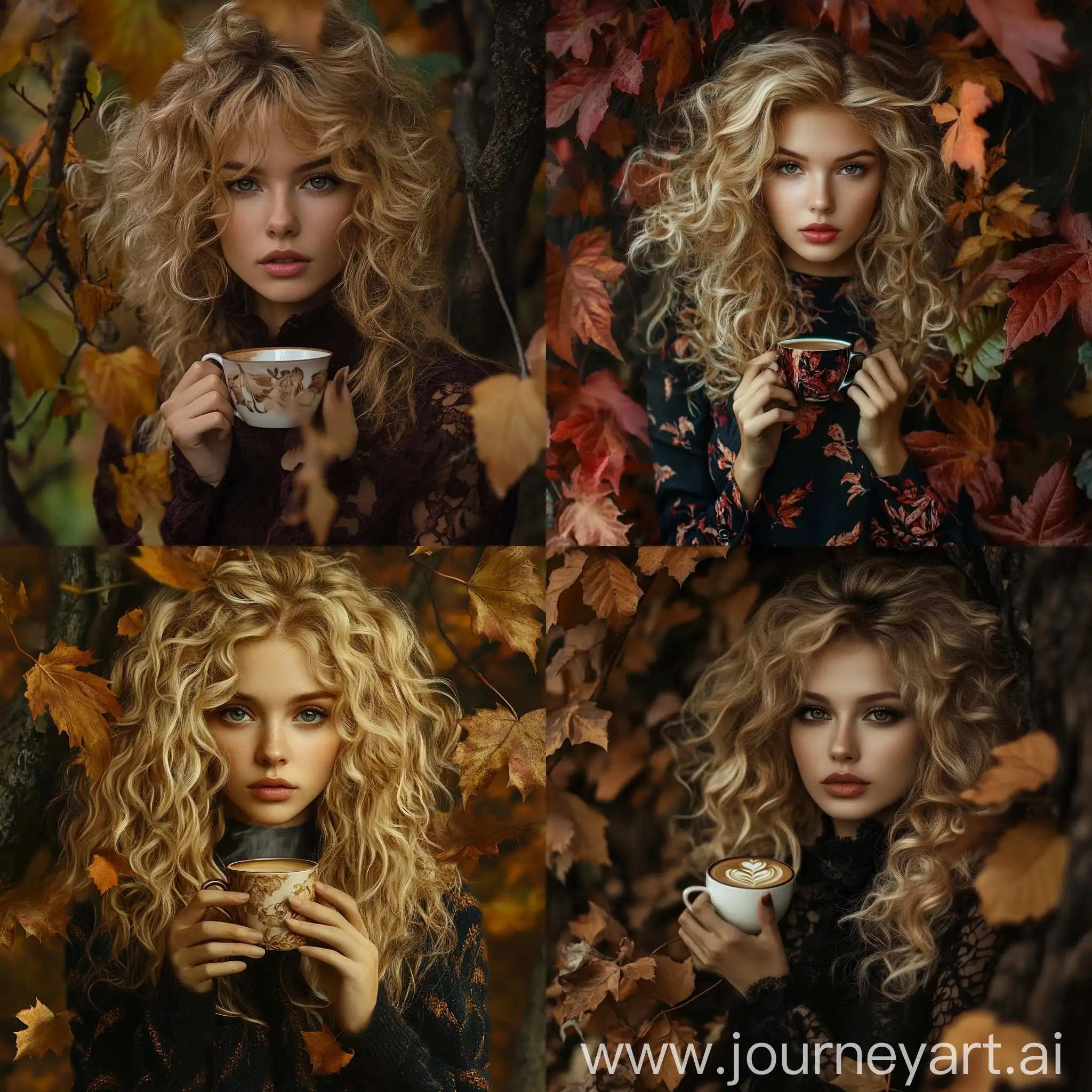 Autumnal-Bliss-Curly-Blonde-Woman-with-Coffee-Cup-Amidst-Fall-Leaves