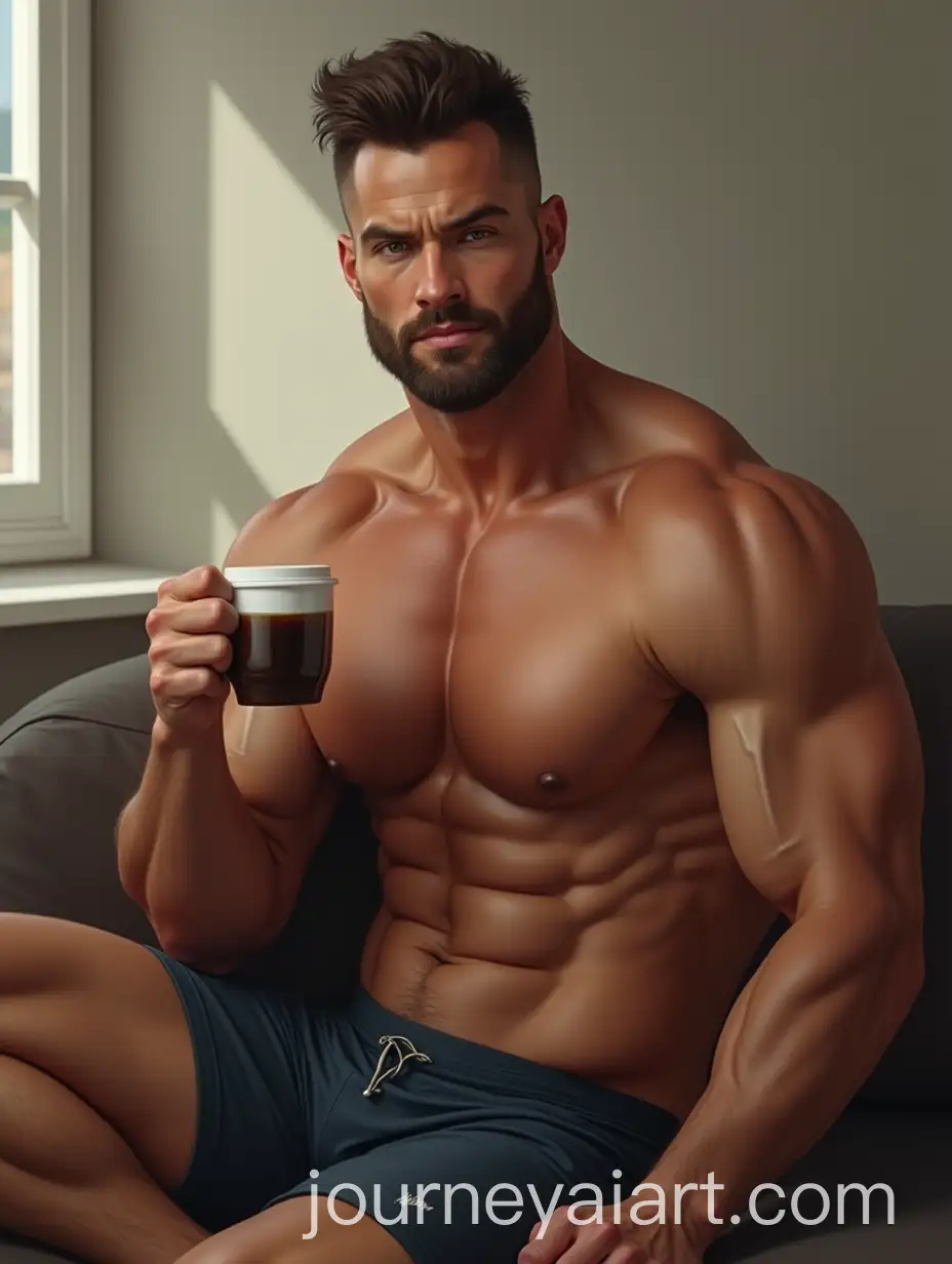 Muscular-Olympia-Athlete-Relaxing-with-Coffee-in-Athletic-Shorts