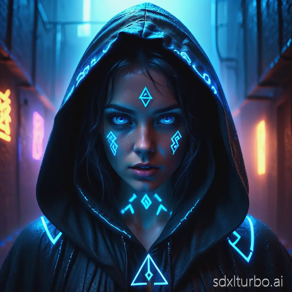 portrait of a mysterious young woman with glowing neon runes on her face and chest, wet dark hair, wearing a hooded cloak, intense blue eyes, standing in a foggy alley, cinematic lighting, cyberpunk style, ultra-detailed, photorealistic, digital sorceress, ambient blue light, glowing symbols, 4K