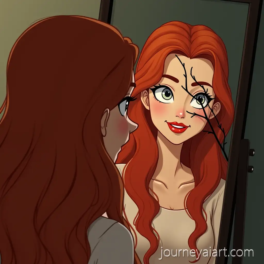 Redhaired-Woman-with-WhiteAI-Image-Prompt-Expansion-Eyes-and-BranchLike-Structure-in-Mirror-Reflection