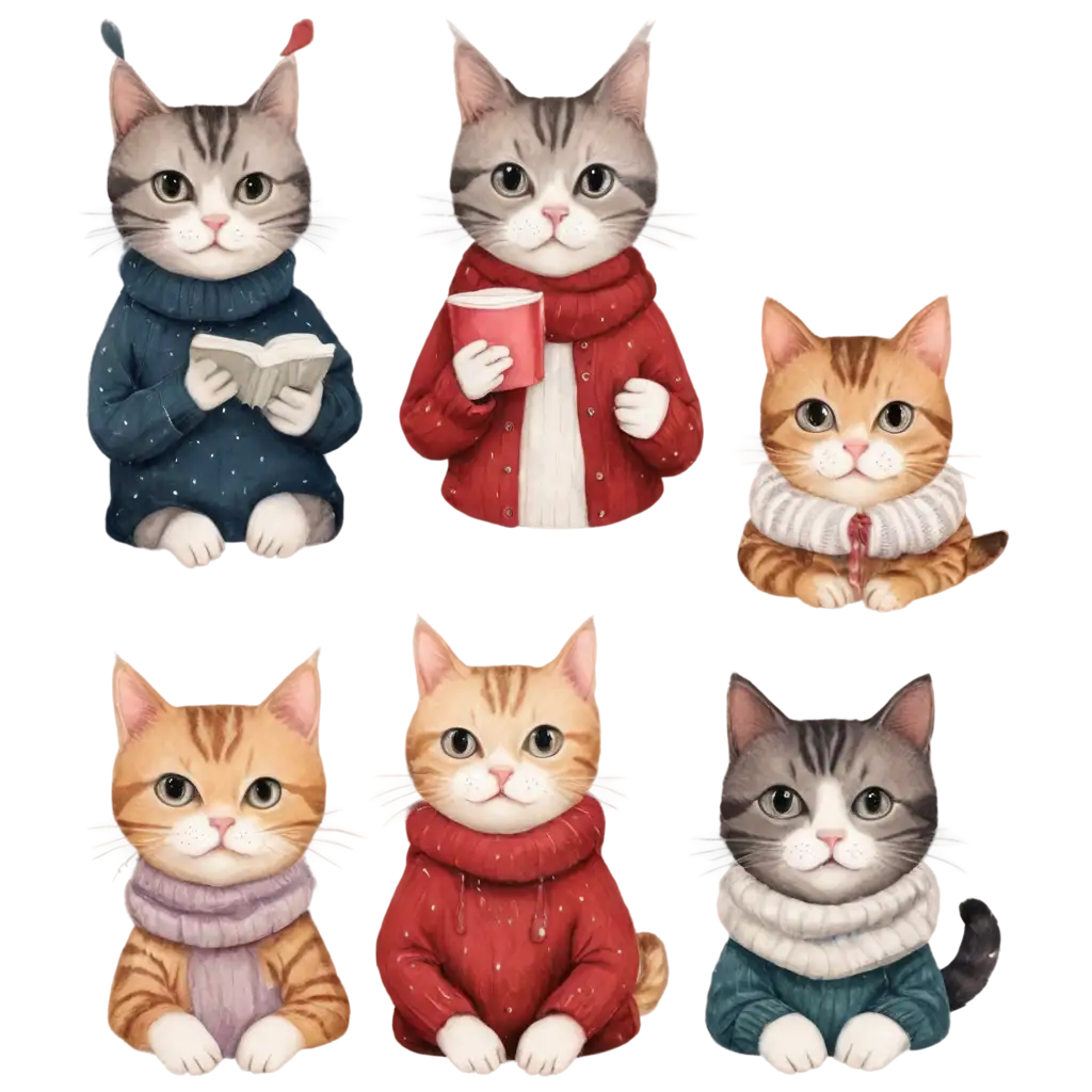 Cats-in-Cozy-Sweaters-Sipping-Hot-Chocolate-or-Reading-Books-PNG-A-Perfect-Image-for-Winterthemed-Designs