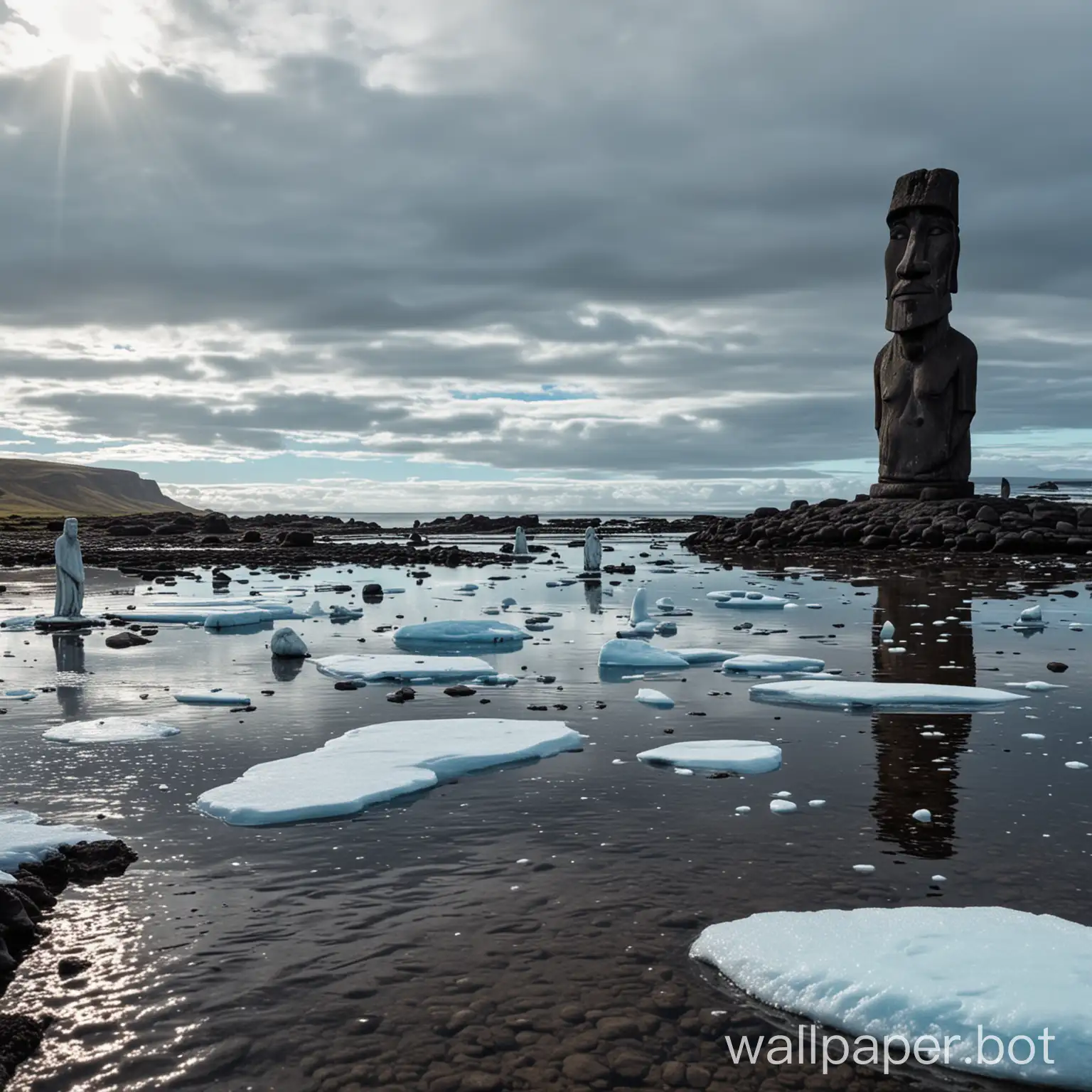 Icy easter island statues on the moon
water blob floating
small ufo in the background