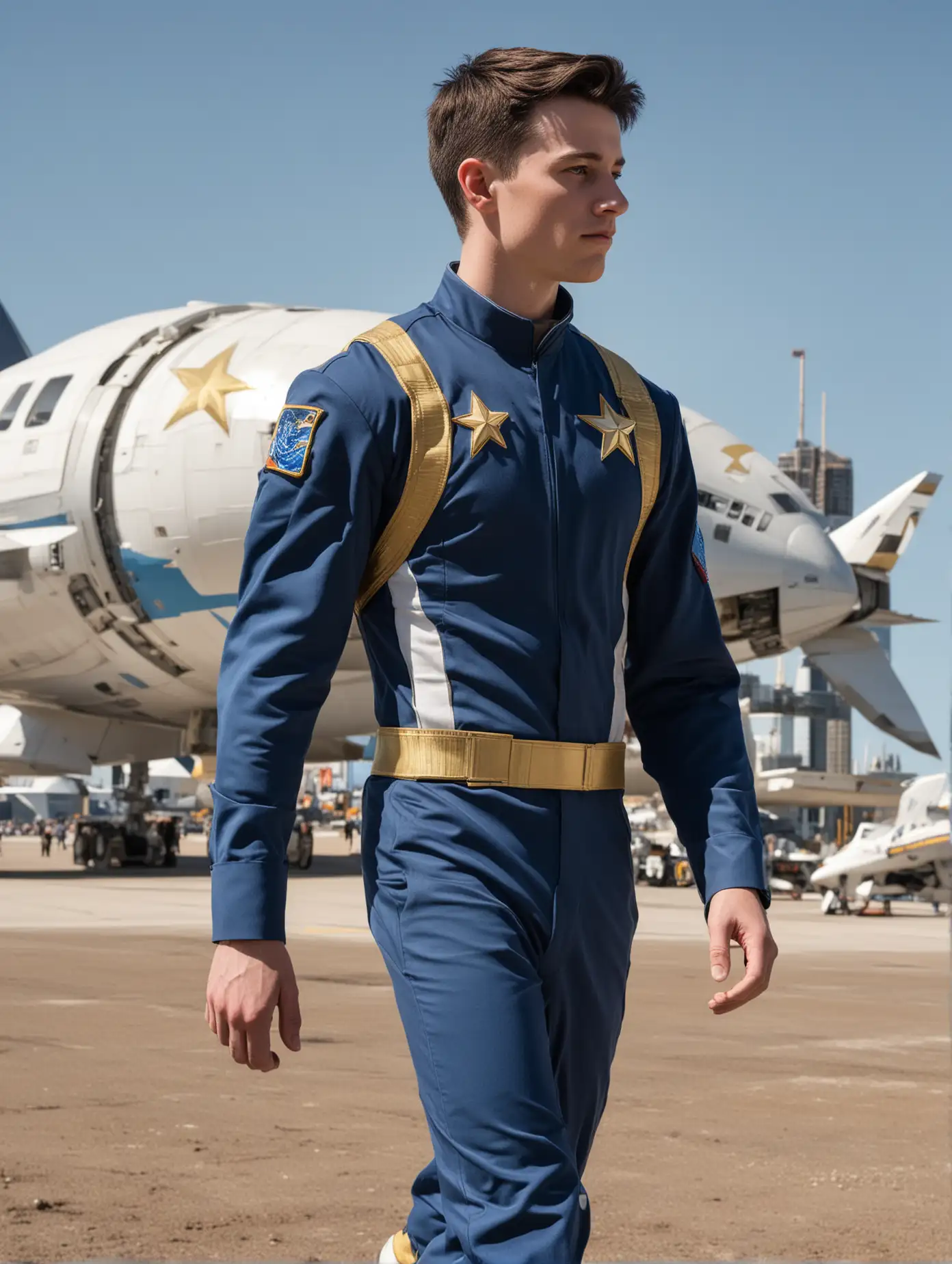 Muscular young white man, broad shoulders, narrow waist, dark hair, tight fitting blue space cadet uniform, with white stripes and gold star logo on chest, large groin bulge, tight straps around legs, walks across the spaceport , outdoors towards futuristic space craft, with the towers of the city in the background, bright sun and blue sky