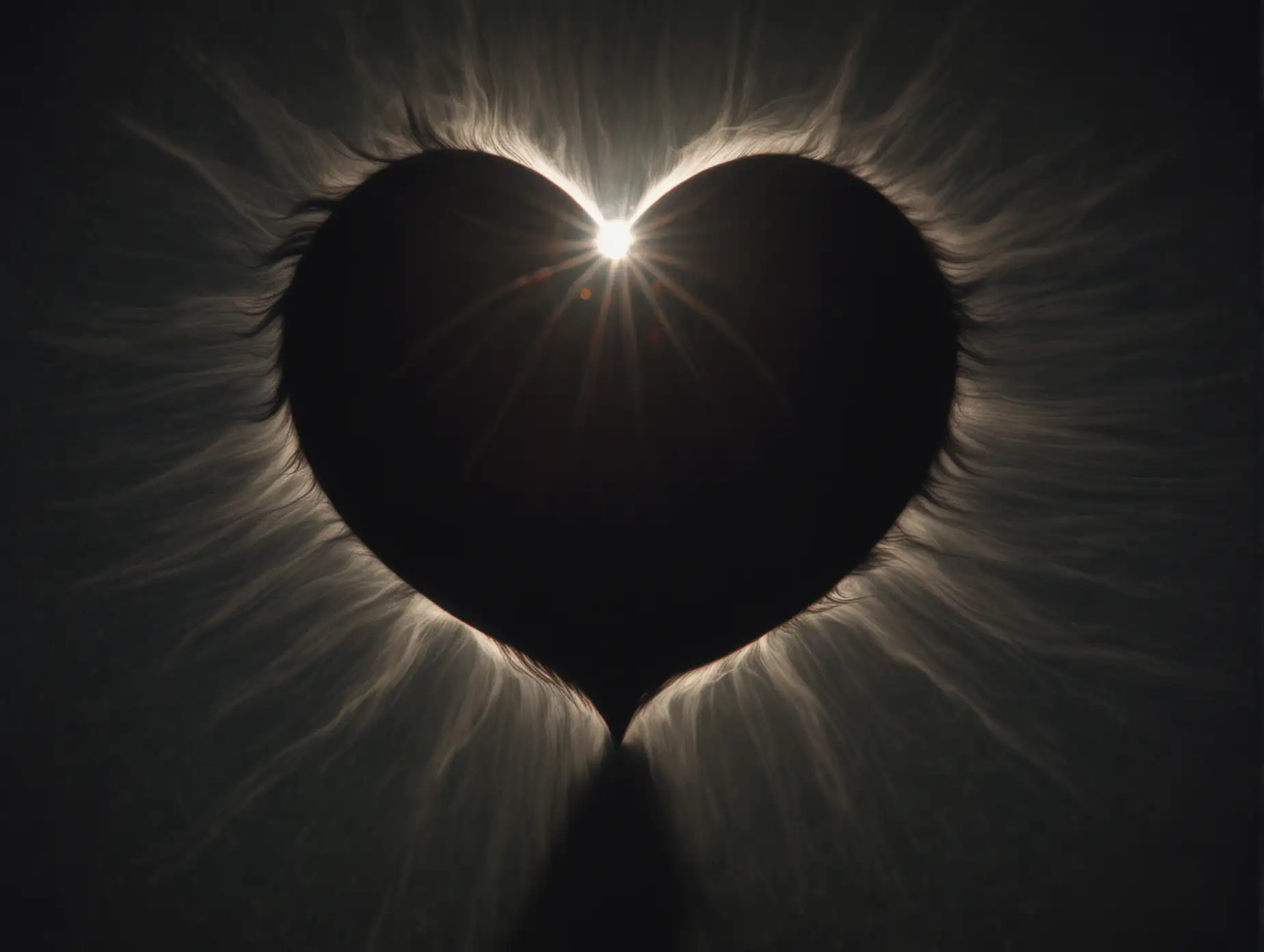 A surreal image of a solar eclipse with the shadow forming the shape of a heart, symbolizing a love overshadowed by darkness.