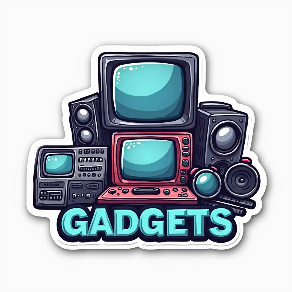 a sticker of some electronic gadgets, with the word GADGETS