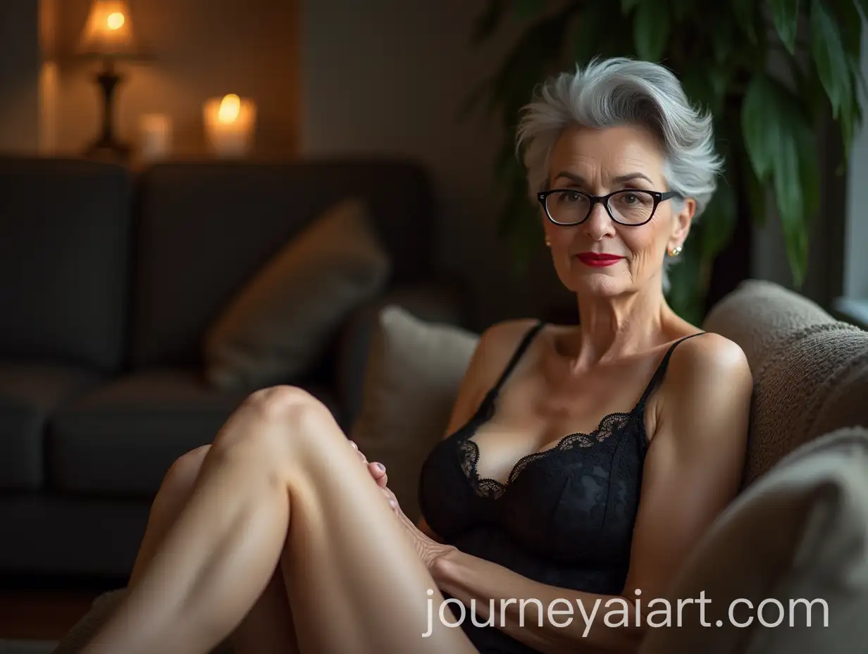 Elegant-60YearOld-Woman-in-Lace-Dress-Sitting-on-Sofa-with-Romantic-Atmosphere