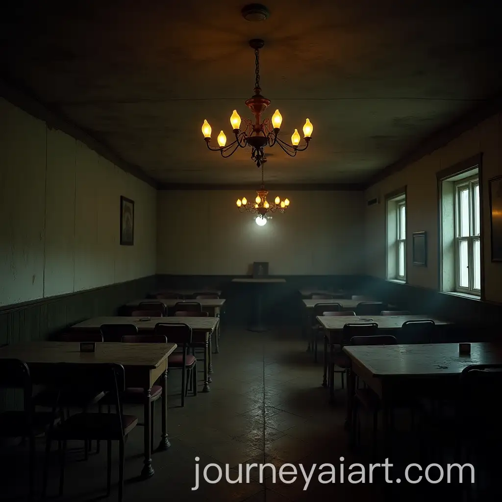 Dimly-Lit-Old-Room-with-Tables-Chandeliers-and-Counter-Sign