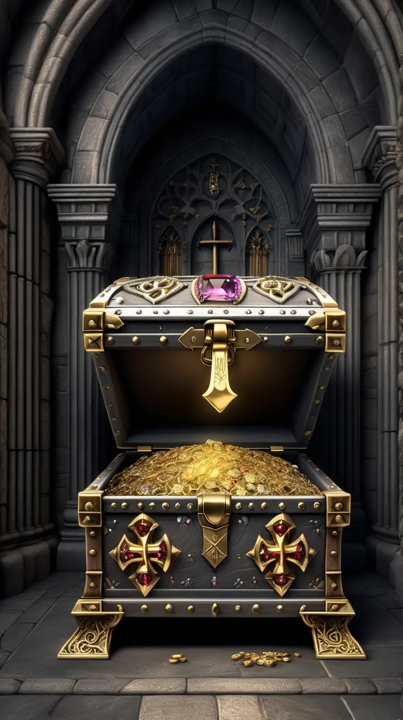 Medieval Treasure Chest Overflowing with Gold and Jewels in Templar Vault