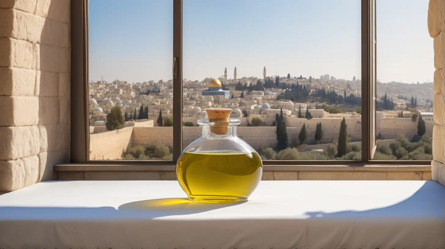 Biblical Era Olive Oil Jar on White Tablecloth with Jerusalem View